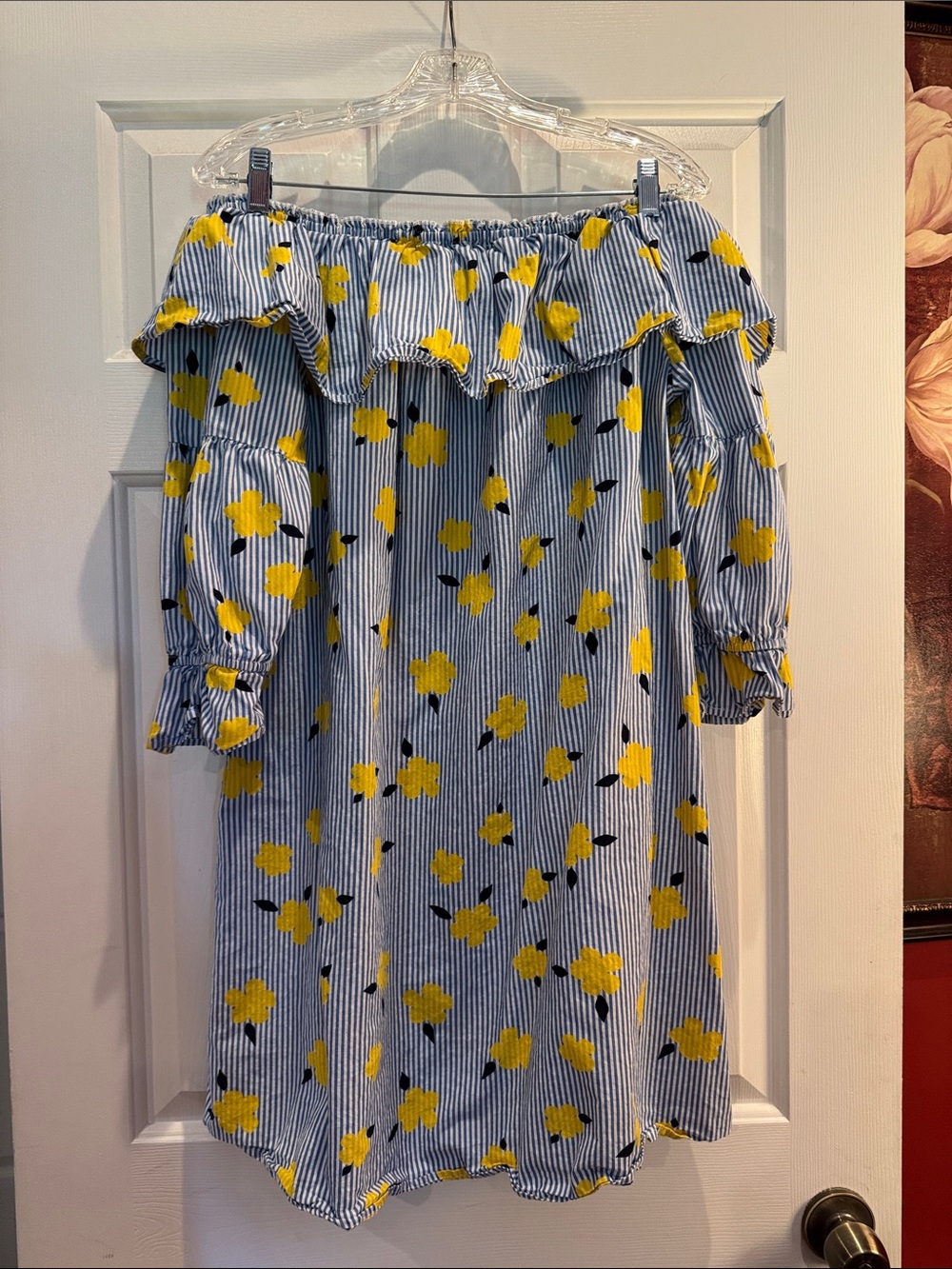 crown & ivy Blue and Yellow Off-Shoulder Stripe Floral Dress - Picture 1 of 4